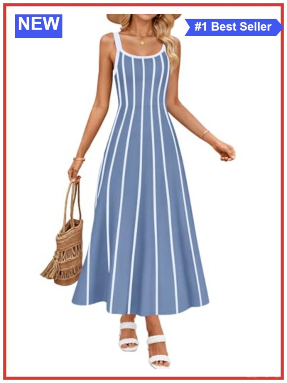 Women's Summer Sleeveless Striped Midi Dress V-Neck A-Line Casual